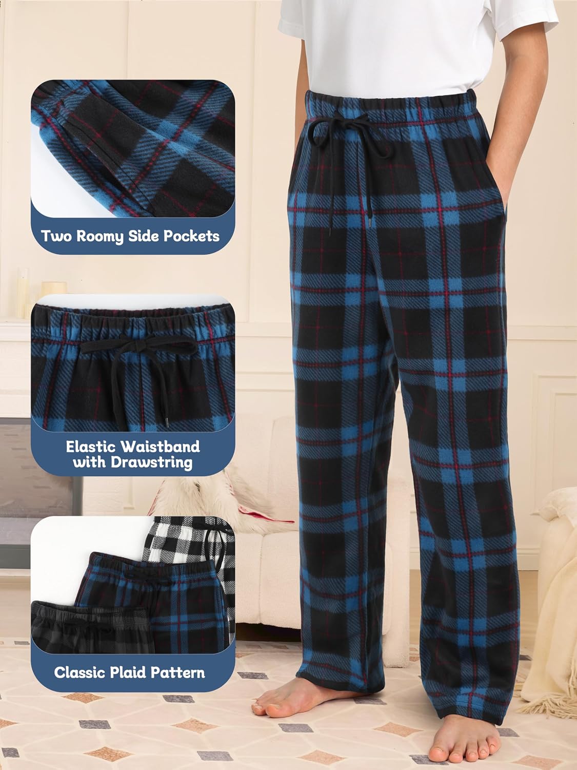 IHU 3 Pack Boys Pajama Pants Kids Micro Fleece Pj Bottoms Sleepwear Plaid Lounge Pant with Drawstring Pockets Boy Clothes