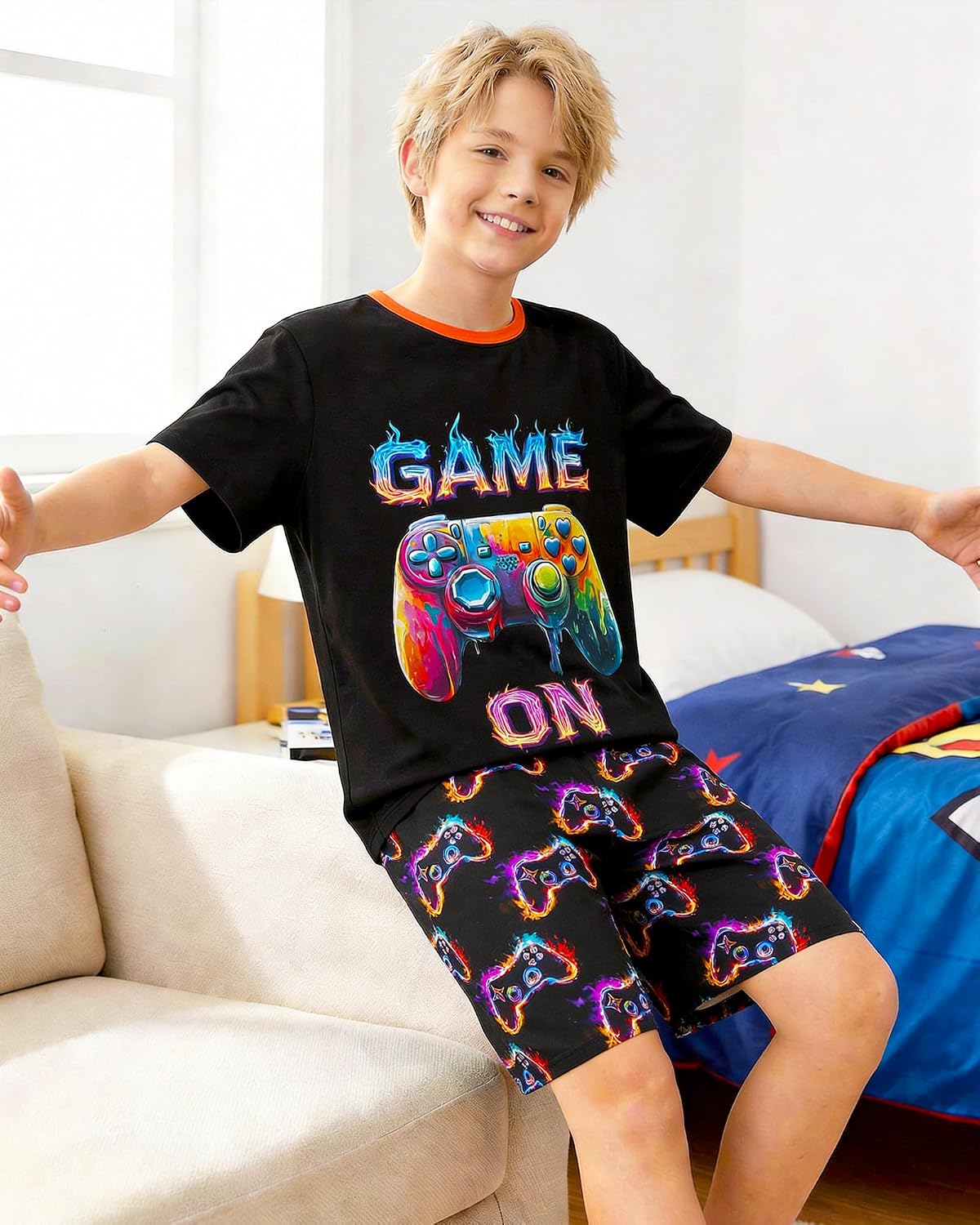 Fiodrimy Boys Pajamas Big Boys Pajamas Short Sleeves & Shorts 2 Pieces Summer Pjs Set Kid Sleepwear Lounge Clothes Size 8-14