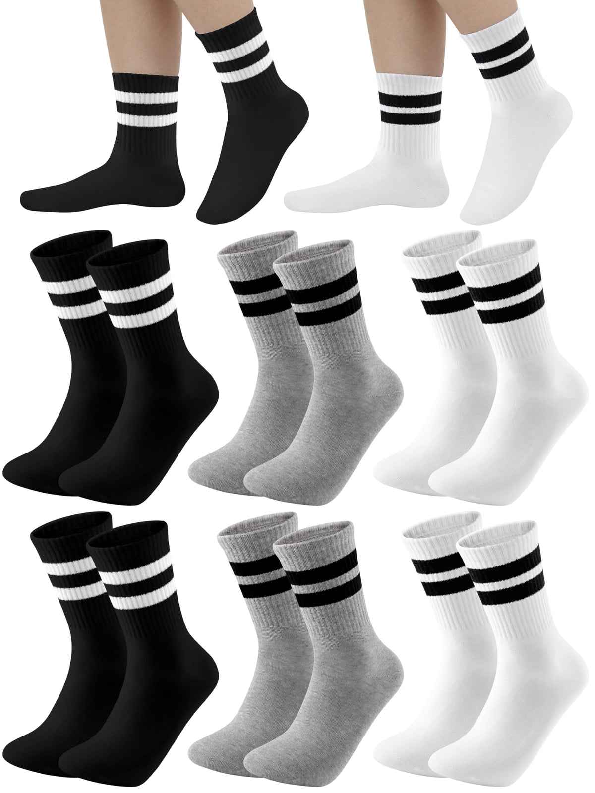 Cooraby 6 Pairs Unisex Kids Crew Socks Boys Girls Athletic Socks with Retro Stripes Soft Cotton Socks Black White Grey