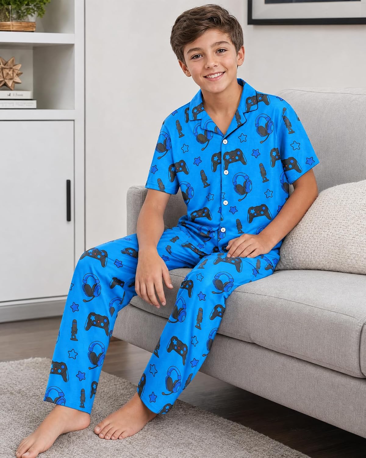 Fiodrimy Boys Pajamas Big Boys Pjs Set Short Sleeves and Pants Sleepwear for Kids Button-Down Jammies Loungewear Size 7-14