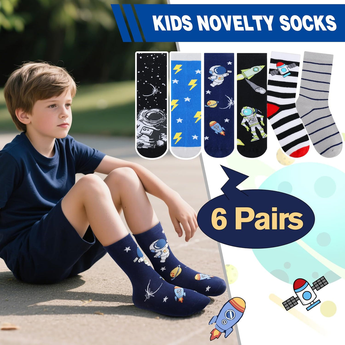 Kids Boys Fun Cotton Crew Socks Funny Crazy Cartoon Novelty Space Trucks Star Dress Socks 6 Pairs