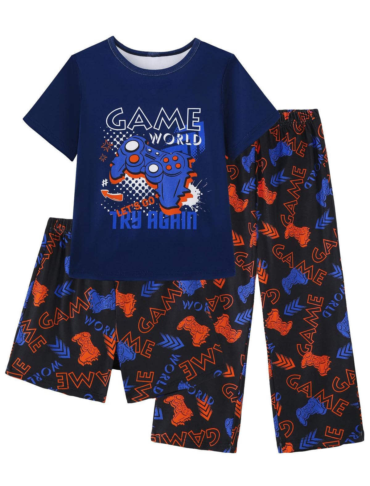 Mikrdoo Boys Pajamas 3 Piece Summer Sleepwear Soft Short Sleeves Shorts Set & Long Pants Cool PJs Size 2-14 Years