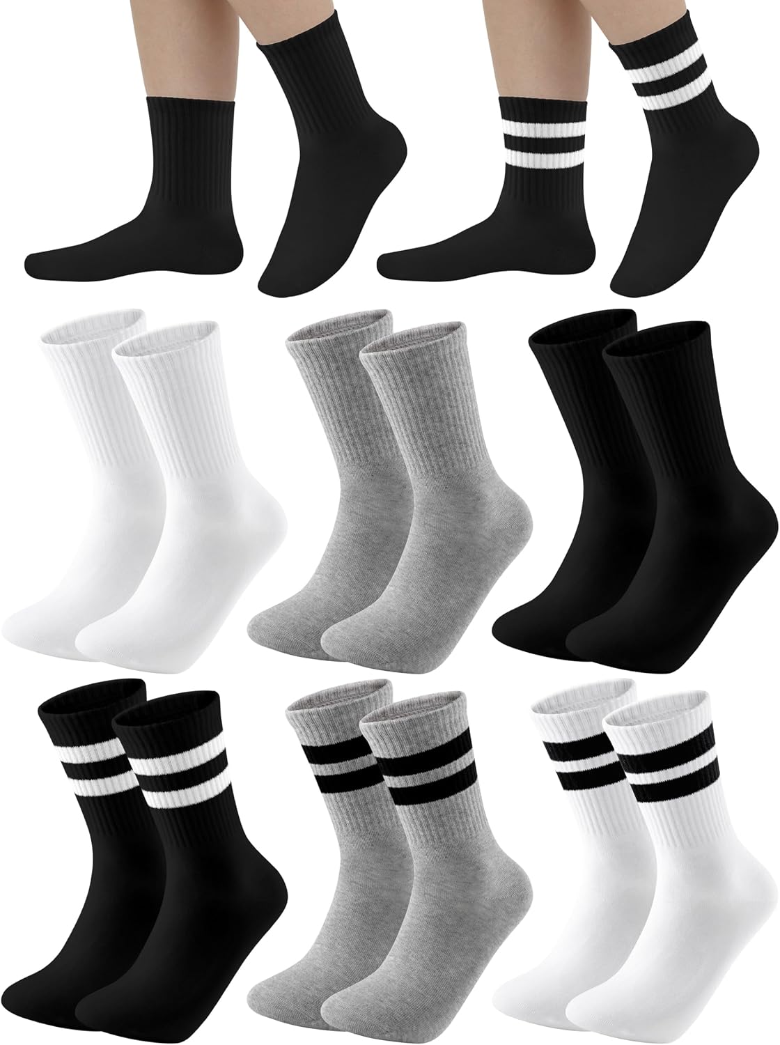 Cooraby 6 Pairs Unisex Kids Crew Socks Boys Girls Athletic Socks with Retro Stripes Soft Cotton Socks Black White Grey