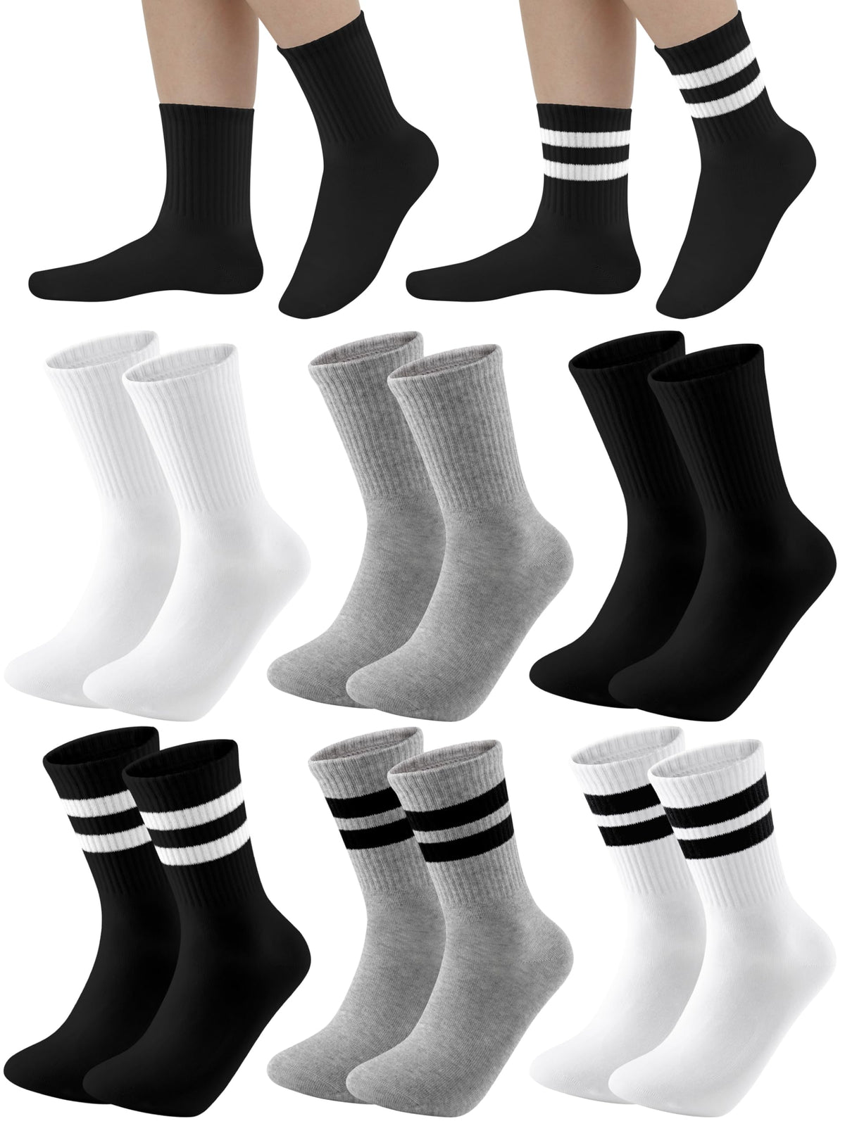 Cooraby 6 Pairs Unisex Kids Crew Socks Boys Girls Athletic Socks with Retro Stripes Soft Cotton Socks Black White Grey