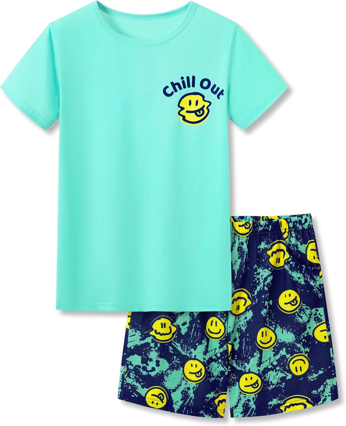 Beezizac Boys Pajamas, Teal & Navy Face Short-Sleeve and Shorts, Sizes 6-18