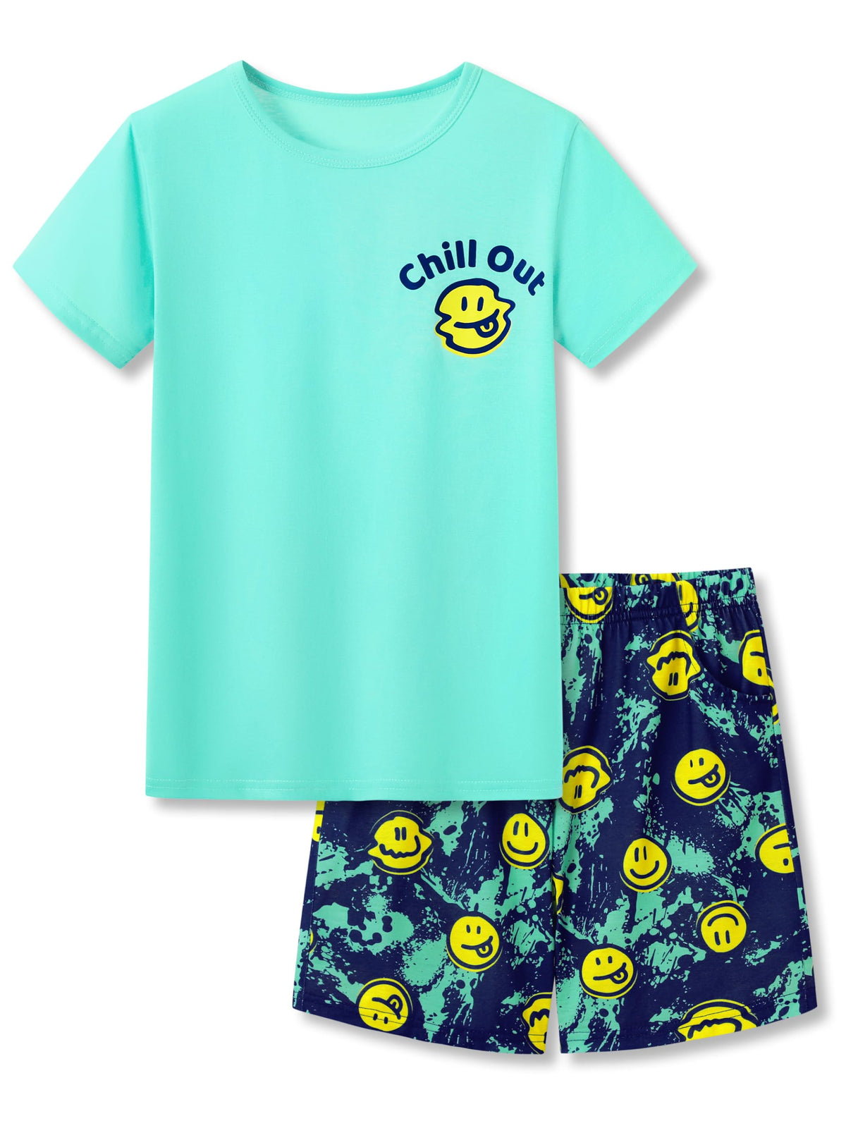 Beezizac Boys Pajamas, Teal & Navy Face Short-Sleeve and Shorts, Sizes 6-18