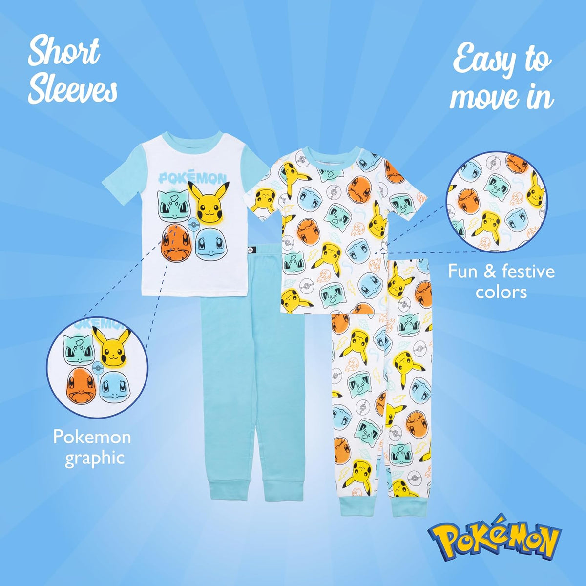 Pokémon Boys' 4-piece Snug-fit Cotton Pajama Set, Matching Pajamas