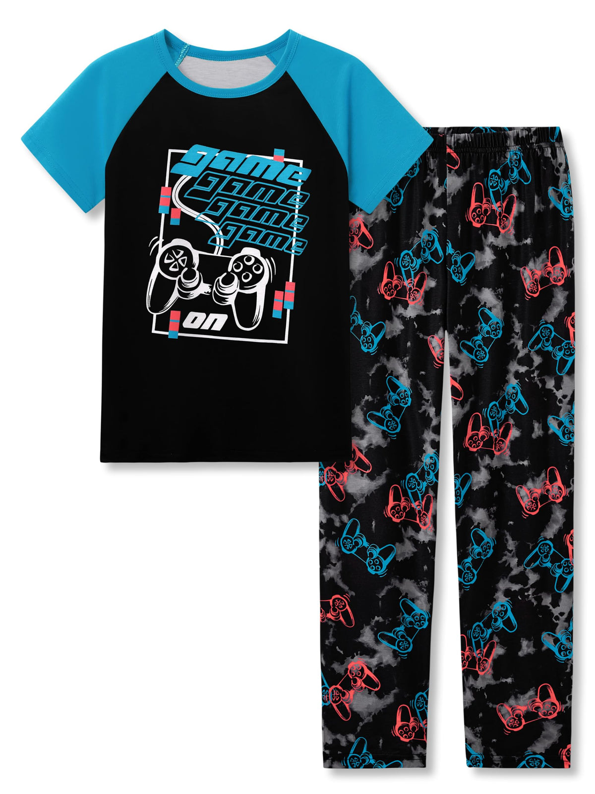 Beezizac Boys Pajamas, Teal & Navy Face Short Sleeve & Pants PJs, Size 6-18