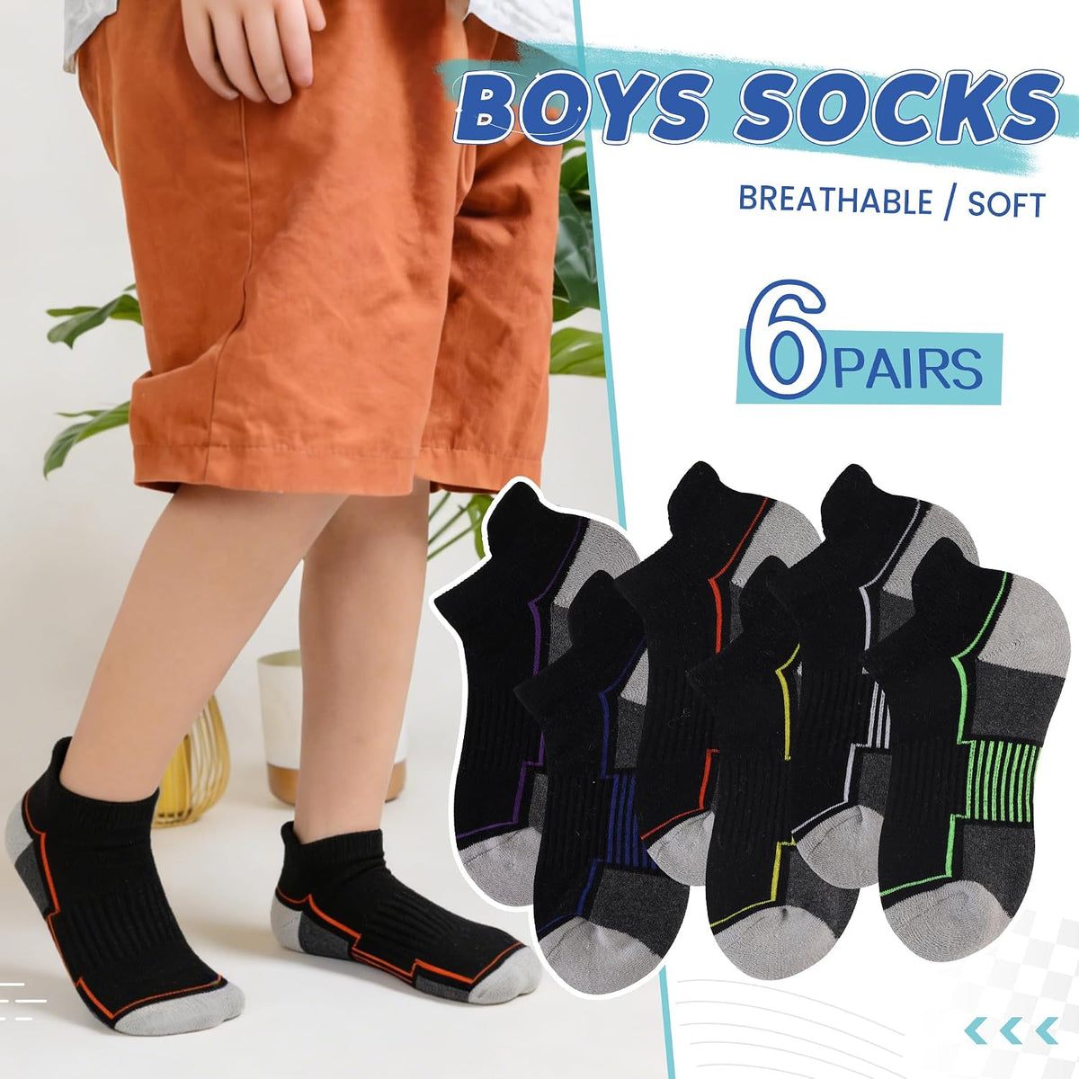 SeeyAN Kids Socks Boys Ankle Athletic Half Cushioned Low Cut Sport Cotton Breathable Socks 6 Pairs