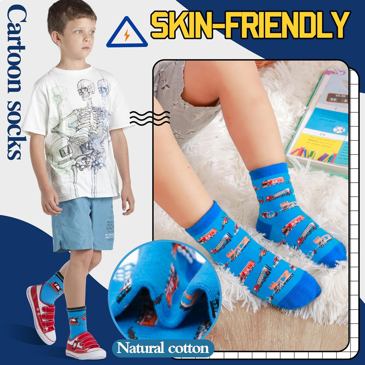 Welwoos Baby Boys Grips Socks 12 Pairs Kids Toddlers Infants Anti Slip Non Skid Funny Cartoon Crew Breathable Cotton Socks