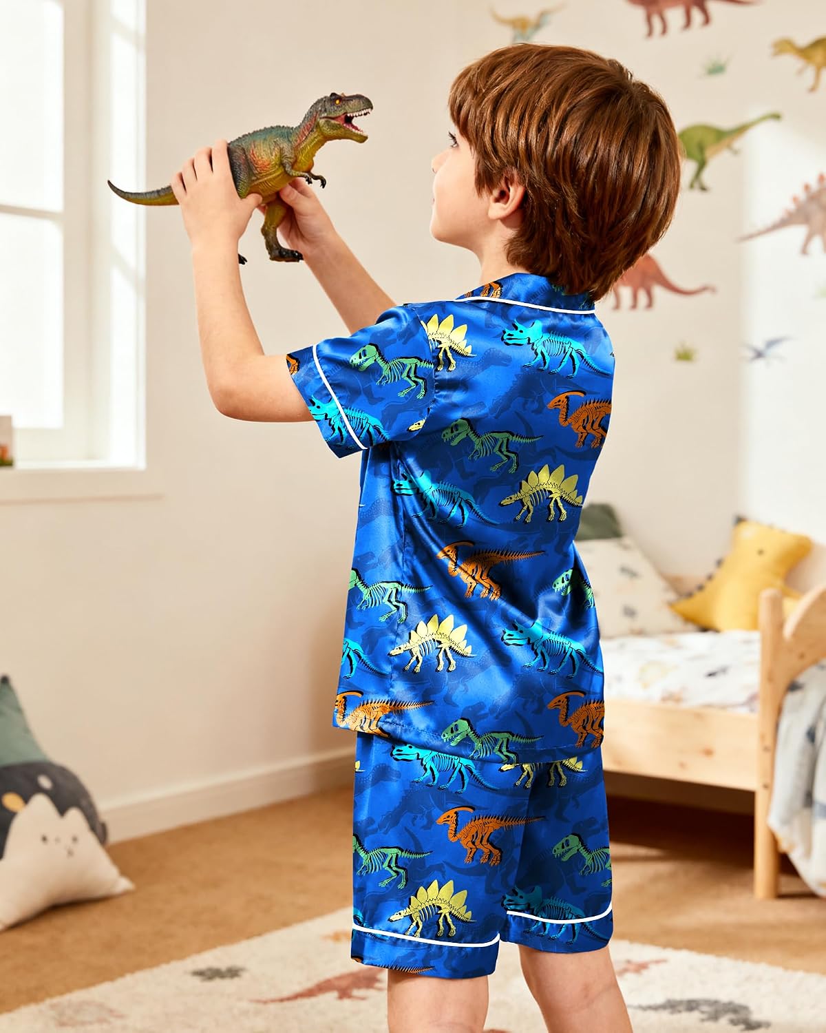 PASHOP Boys Pajamas Toddler Little Boys Silky Satin Pajamas Button Down Short Sleeve & Shorts Pjs Set Kids Sleepwear 3-10Y