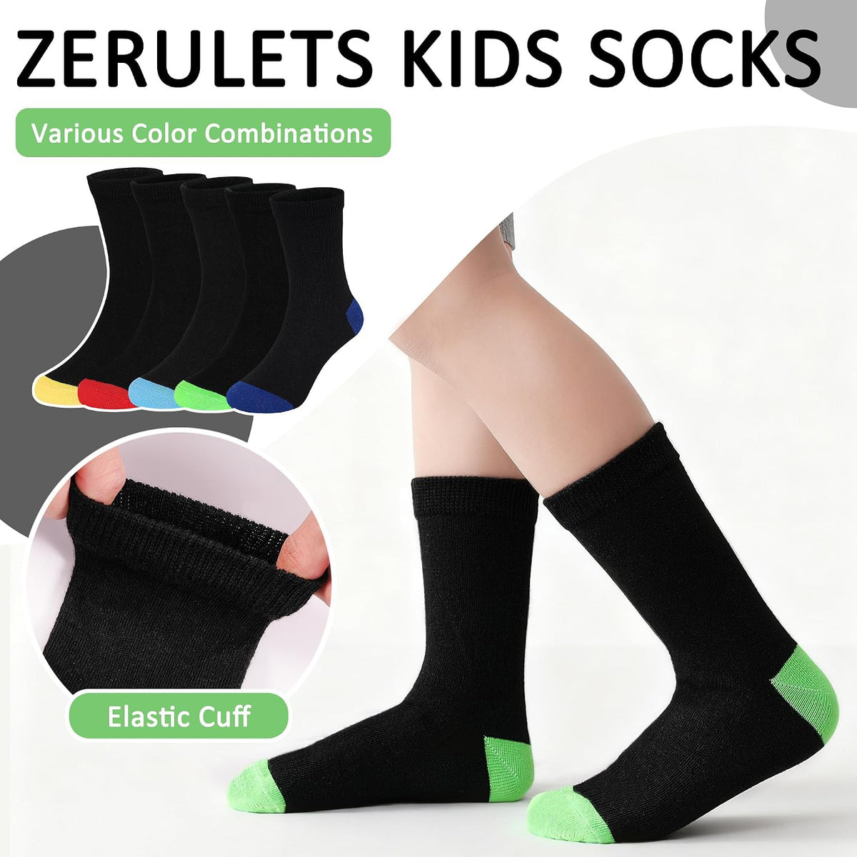ZERULETS 15 Pairs Kids Socks, Toddler Crew Mid Calf School Socks 1-14 Years