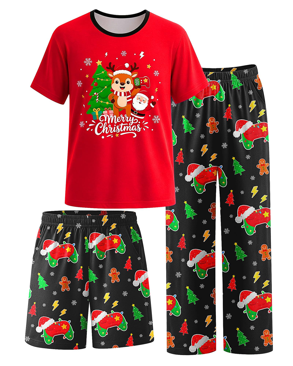 Fiodrimy Boys Pajamas 3-Piece Pjs Set Top with Shorts and Pants Sleepwear for Kids Soft Jammies Loungewear Size 8-14