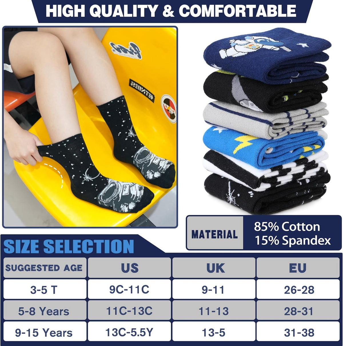 Kids Boys Fun Cotton Crew Socks Funny Crazy Cartoon Novelty Space Trucks Star Dress Socks 6 Pairs