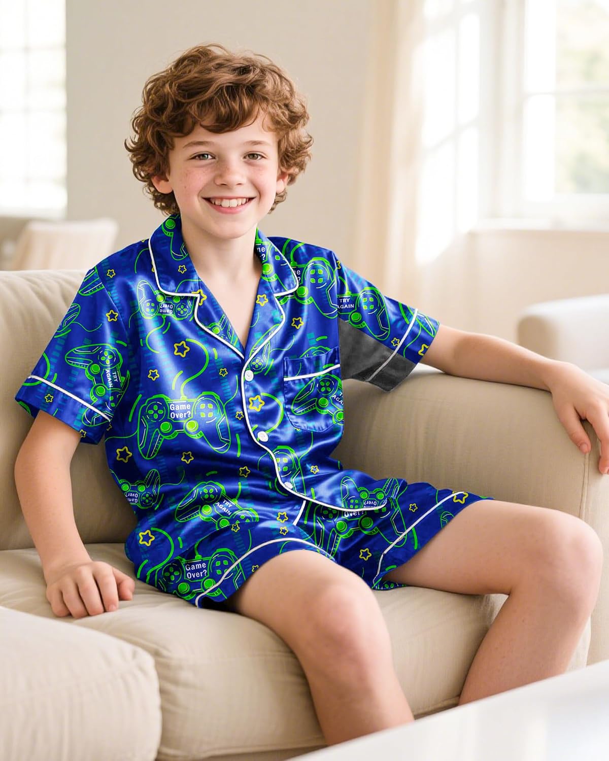 PASHOP Boys Pajamas Boys Satin Pajamas Set Summer Short Sleeve Button-Down & Shorts Pjs Kids Boy Silky Pajama Size 8-14