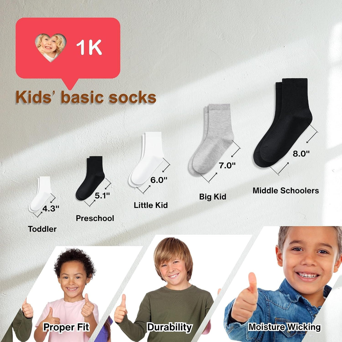 GENTABY Kids Socks 12 Pairs Boys Girls Athletic Crew Socks for Ages 1-13