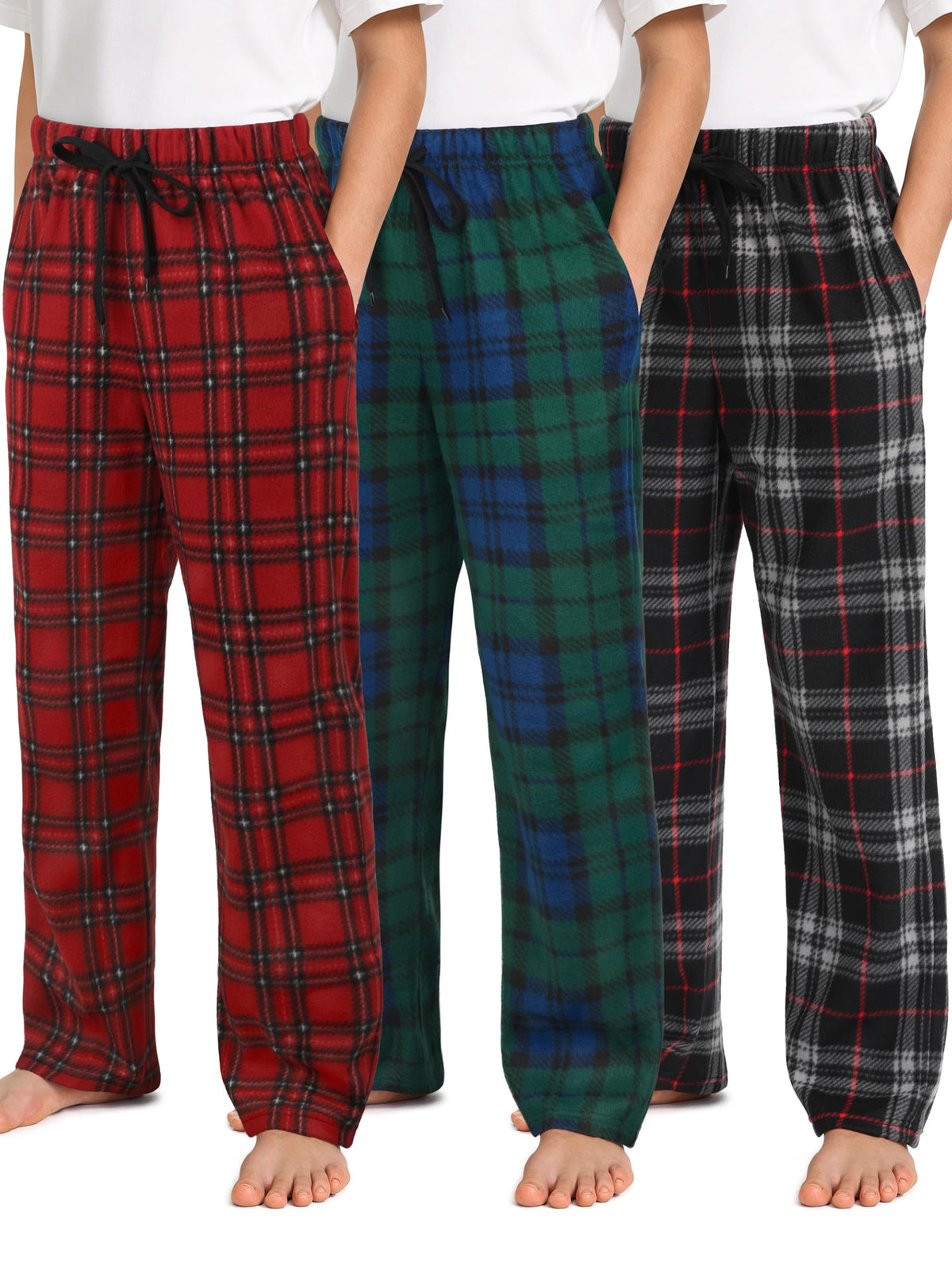 IHU 3 Pack Boys Pajama Pants Kids Micro Fleece Pj Bottoms Sleepwear Plaid Lounge Pant with Drawstring Pockets Boy Clothes
