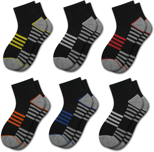 Comfoex Boys Athletic Quarter Socks - Ankle Sports Socks With Cushioned Sole - 6 Pairs, Sizes 4-6, 6-8, 8-10 Years Old