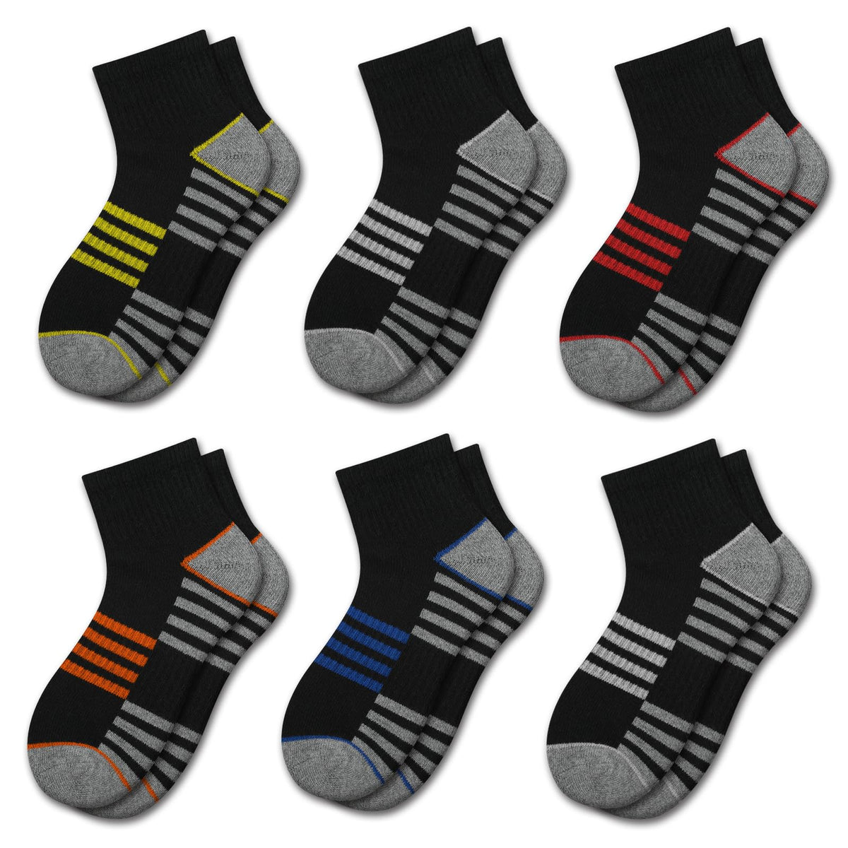 Comfoex Boys Athletic Quarter Socks - Ankle Sports Socks With Cushioned Sole - 6 Pairs, Sizes 4-6, 6-8, 8-10 Years Old