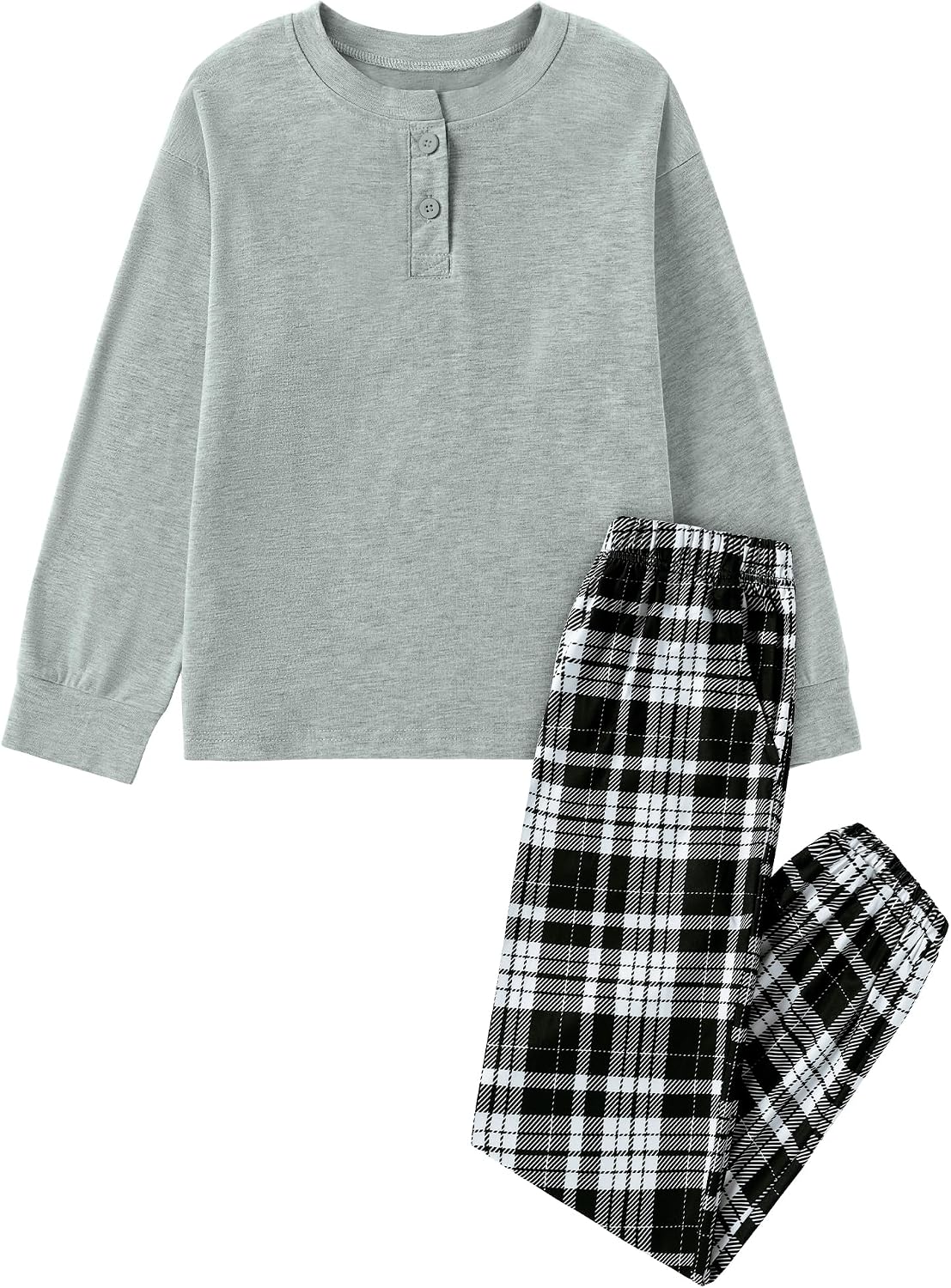 CARETOO Boys Pajamas Plaid Pants Long Sleeve Henley 2 Piece Set Kids Sleepwear PJs Soft Loungewear for Boys 5-14 Years