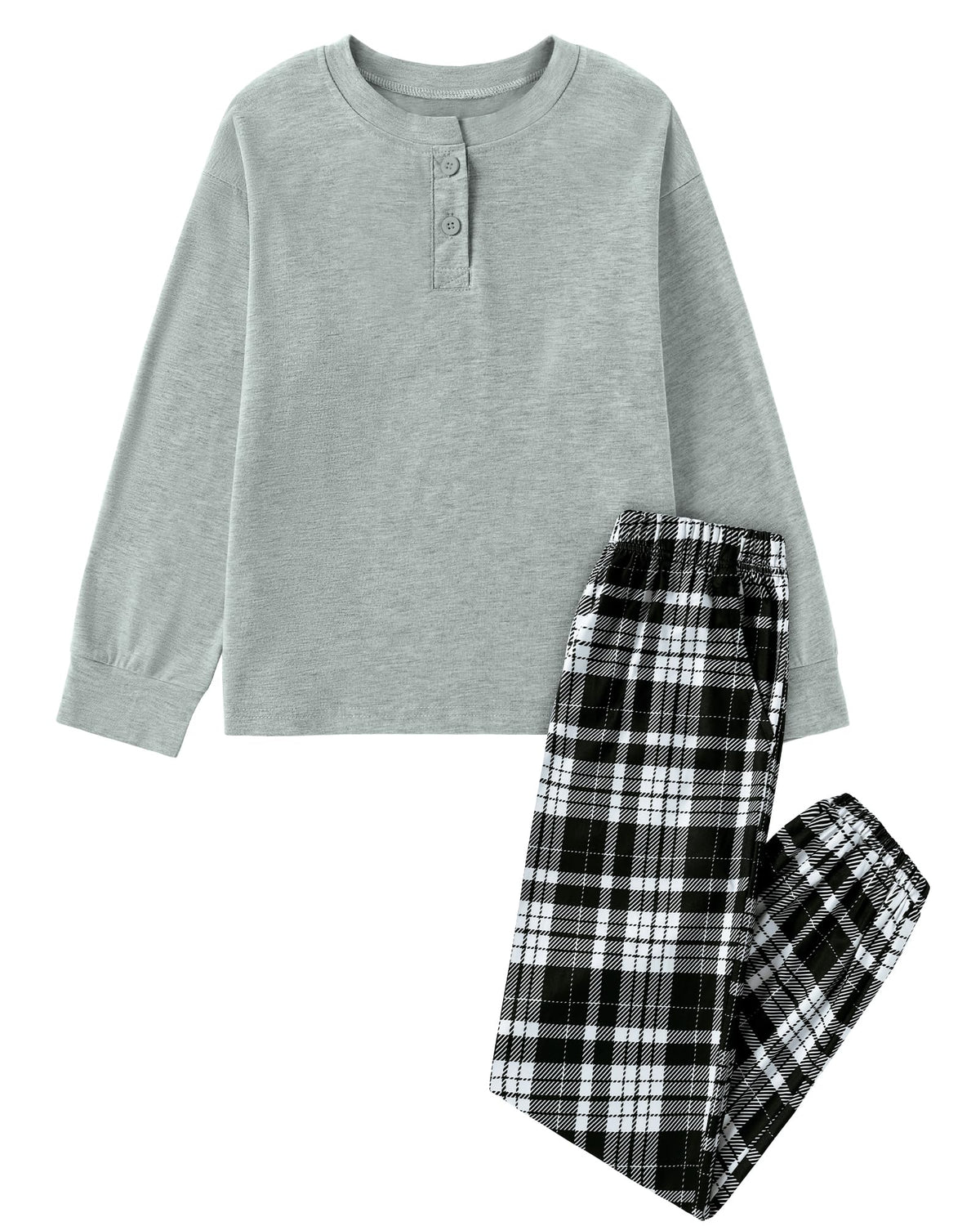 CARETOO Boys Pajamas Plaid Pants Long Sleeve Henley 2 Piece Set Kids Sleepwear PJs Soft Loungewear for Boys 5-14 Years