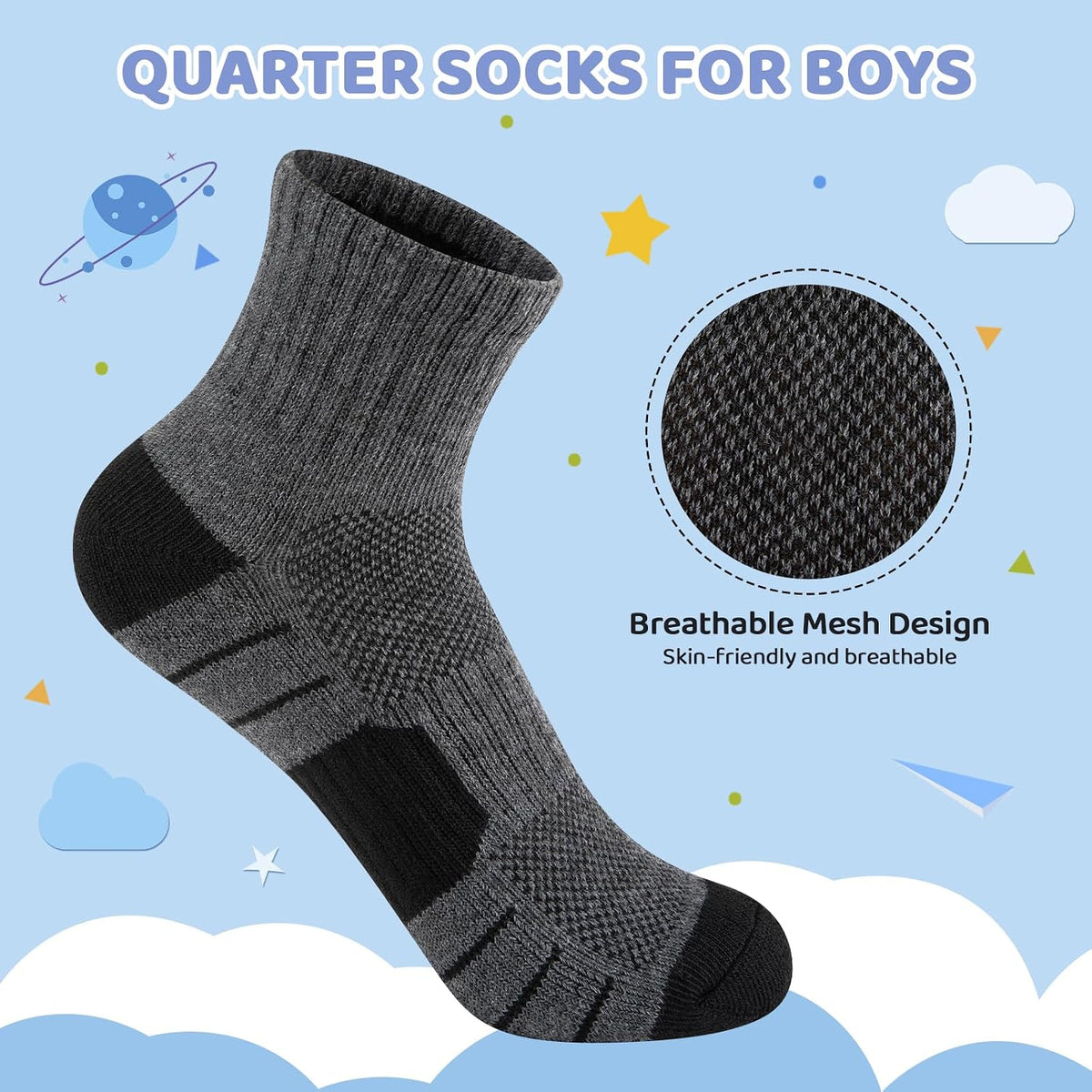 Comfoex 12 Pairs Boys Socks kids Cushioned Sport Short Quarter Athletic Sock For Little Big Kids 6-8 8-10 years