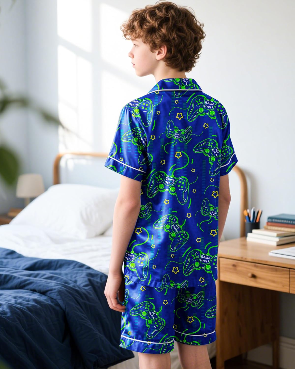 PASHOP Boys Pajamas Boys Satin Pajamas Set Summer Short Sleeve Button-Down & Shorts Pjs Kids Boy Silky Pajama Size 8-14