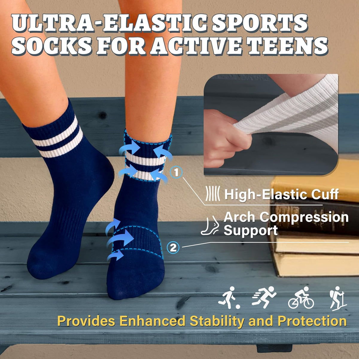 ANTSANG Kids School Athletic Sports Cotton Socks,Teen Girls Boys Crew Socks