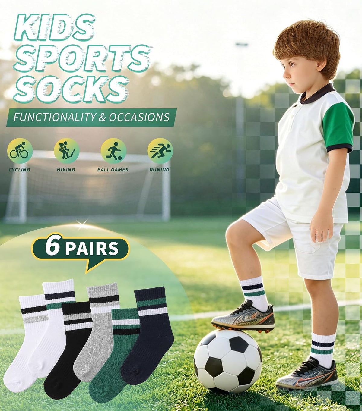 Boys Crew Socks 6 Pairs, Cotton School Socks for Kids Girls