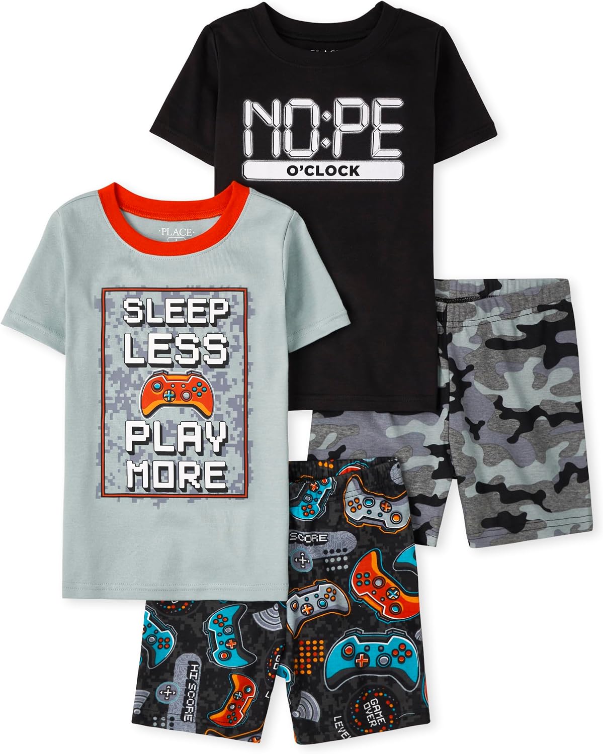 The Children's Place Boys' Short Sleeve Top and Shorts Snug Fit 100% Cotton 4 Piece Pajama Set