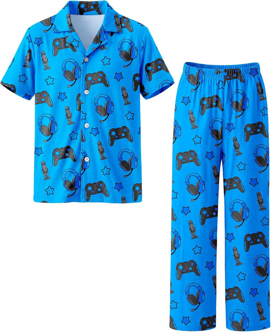 Fiodrimy Boys Pajamas Big Boys Pjs Set Short Sleeves and Pants Sleepwear for Kids Button-Down Jammies Loungewear Size 7-14