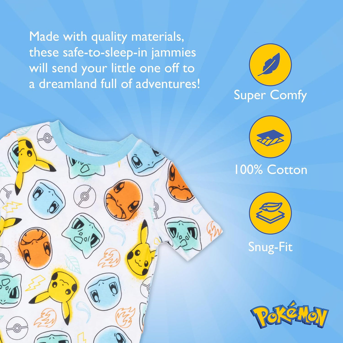 Pokémon Boys' 4-piece Snug-fit Cotton Pajama Set, Matching Pajamas