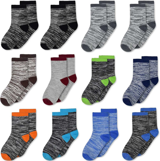 Boys Socks, 12 Pairs Crew Socks for Toddler Kids (1-14 Years Old)