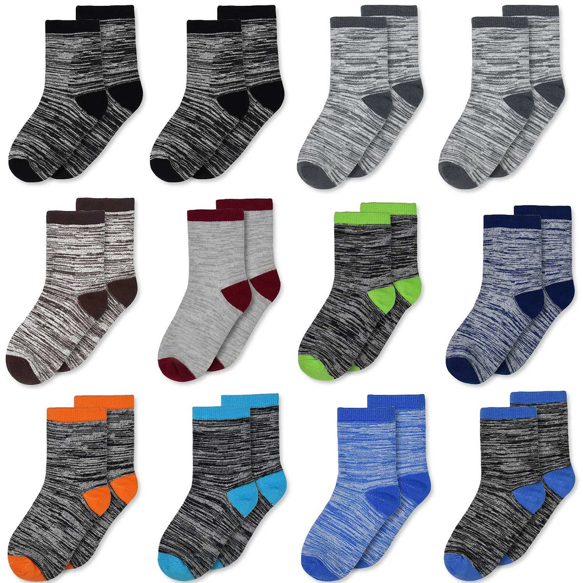 Boys Socks, 12 Pairs Crew Socks for Toddler Kids (1-14 Years Old)