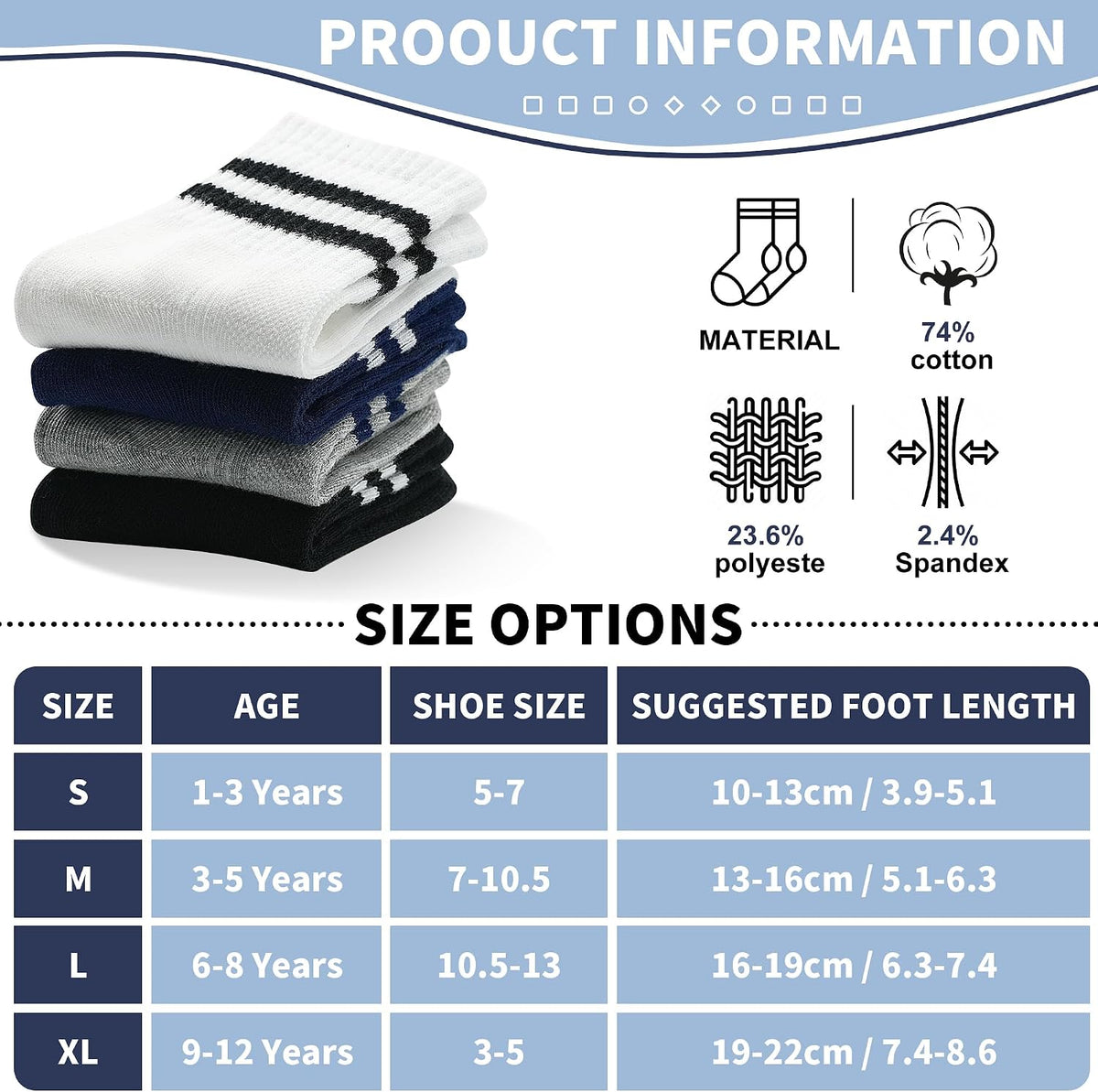 GENTABY 12 Pairs Boys Crew Socks, Kids Athletic Stripes Socks Toddler 1-12Y