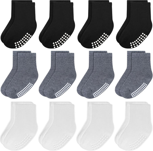 Baby Toddlers Crew Socks with Non-Slip Grip 12 Pack Cotton Stretch Socks