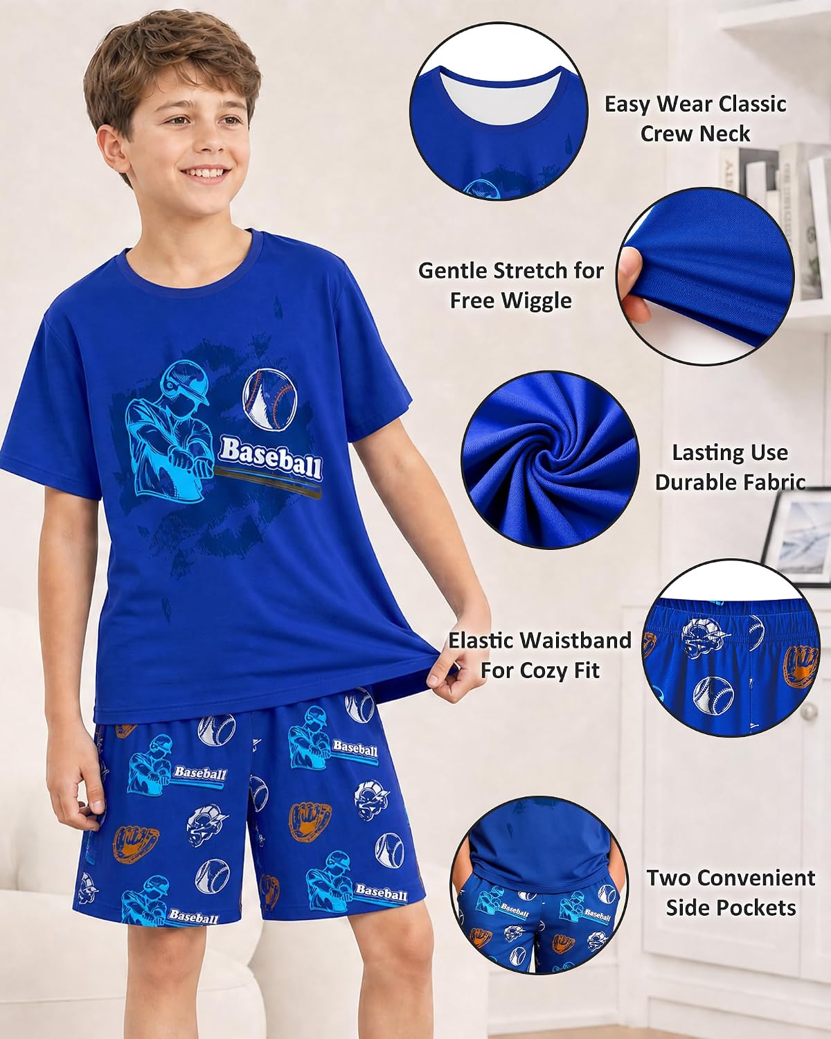 Fiodrimy Boys Pajamas 3-Piece Pjs Set Top with Shorts and Pants Sleepwear for Kids Soft Jammies Loungewear Size 8-14