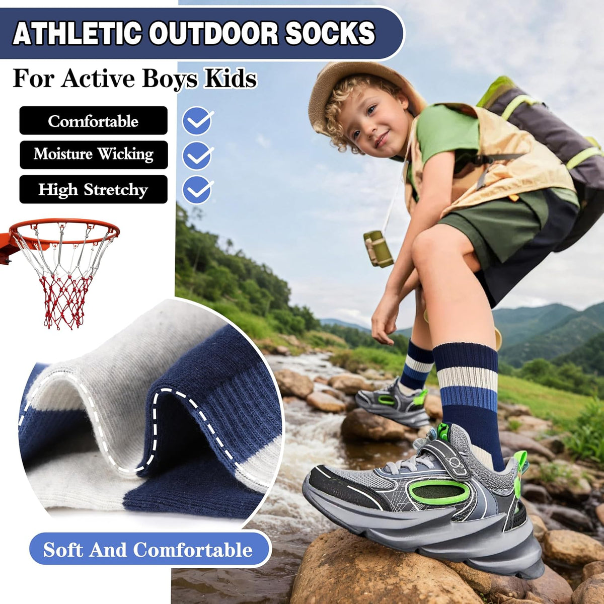 MOGGEI Boys Kids Girls Athletic Socks Basketball Sport Youth Crew Cotton Breathable Outdoor Socks 6 Pairs