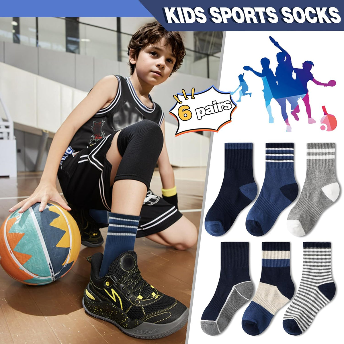 MOGGEI Boys Kids Girls Athletic Socks Basketball Sport Youth Crew Cotton Breathable Outdoor Socks 6 Pairs