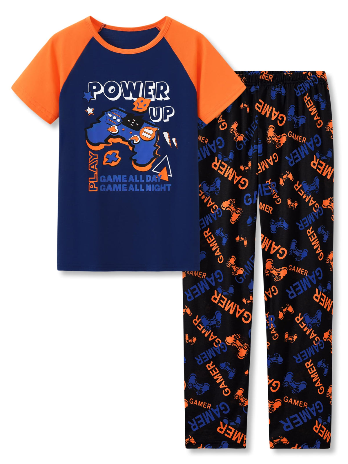 Beezizac Boys Pajamas, Teal & Navy Face Short Sleeve & Pants PJs, Size 6-18