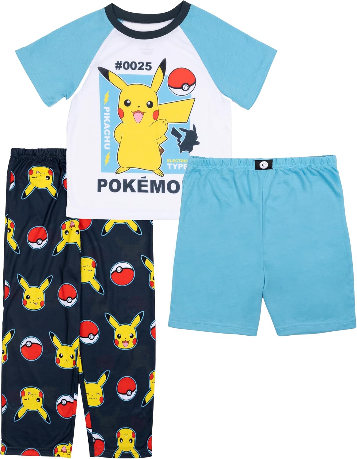 Pokémon Boys' 3-piece Loose-fit Pajama Set, Matching Short-Sleeve Pajamas