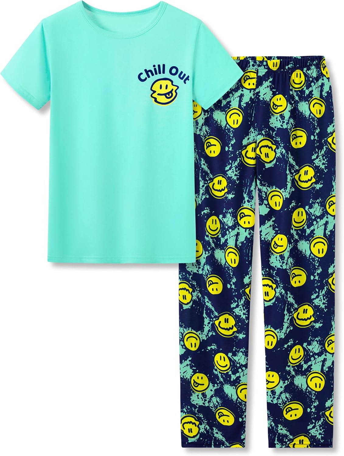 Beezizac Boys Pajamas, Teal & Navy Face Short Sleeve & Pants PJs, Size 6-18