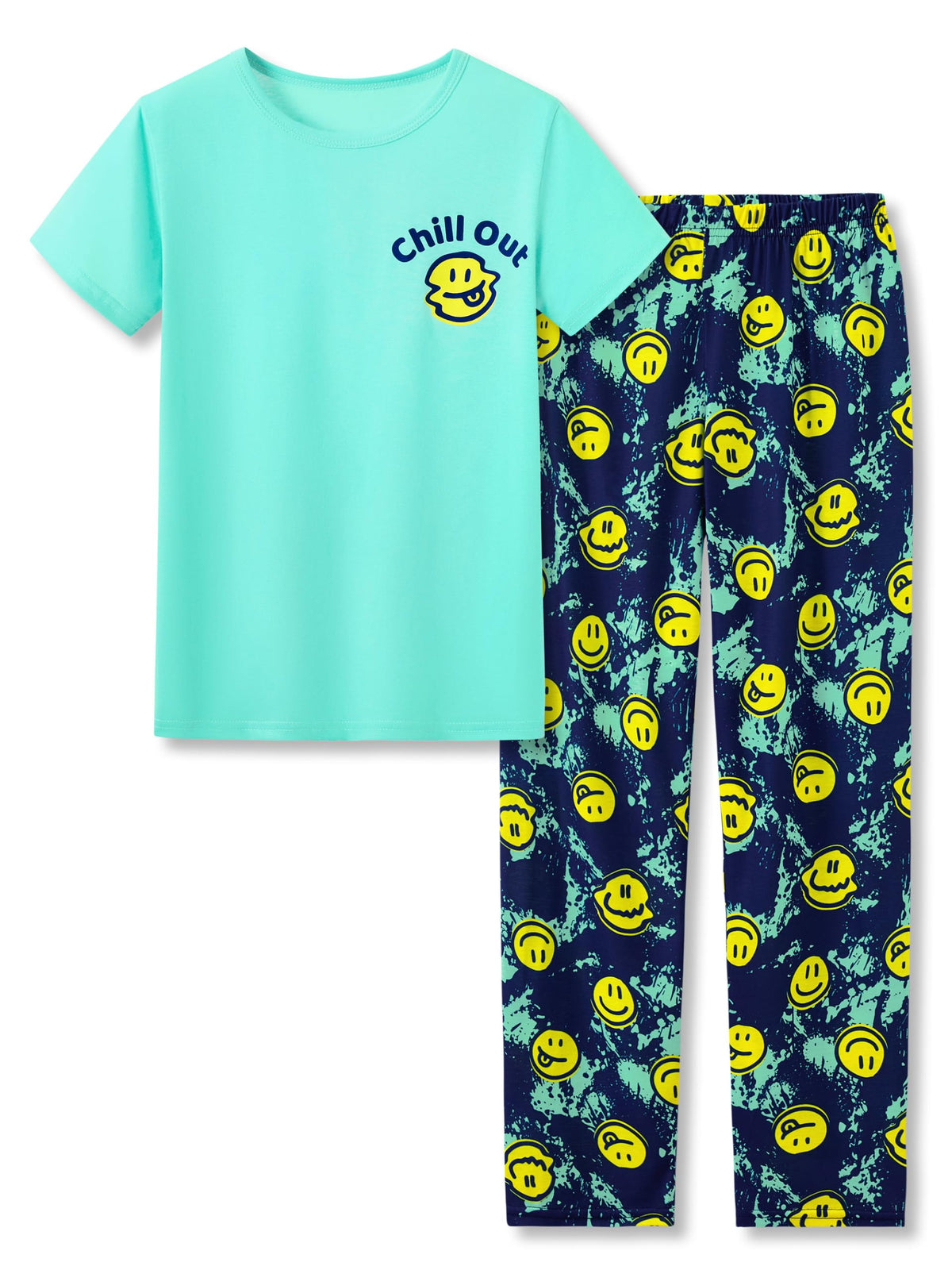 Beezizac Boys Pajamas, Teal & Navy Face Short Sleeve & Pants PJs, Size 6-18