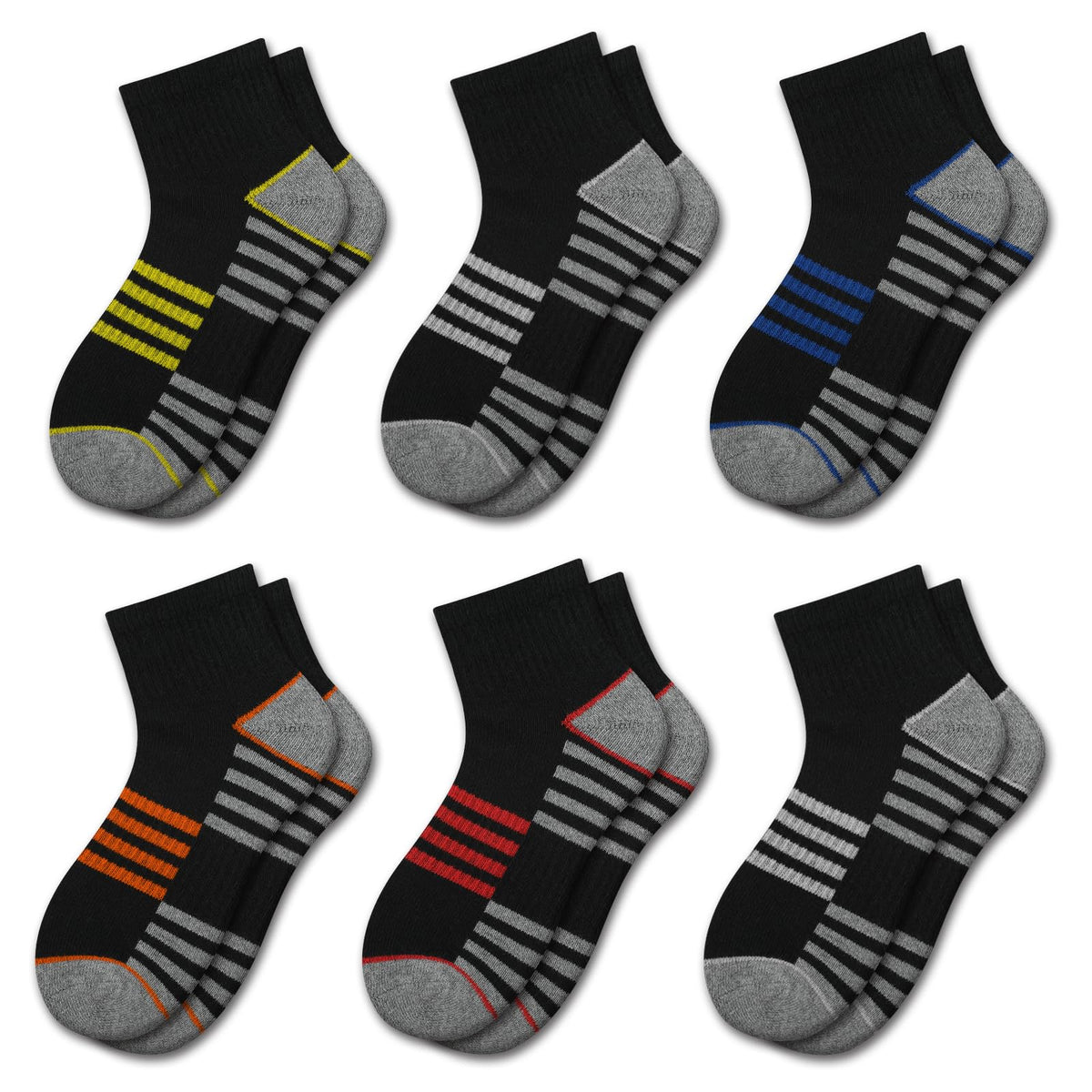 Comfoex Boys Athletic Quarter Socks - Ankle Sports Socks With Cushioned Sole - 6 Pairs, Sizes 4-6, 6-8, 8-10 Years Old