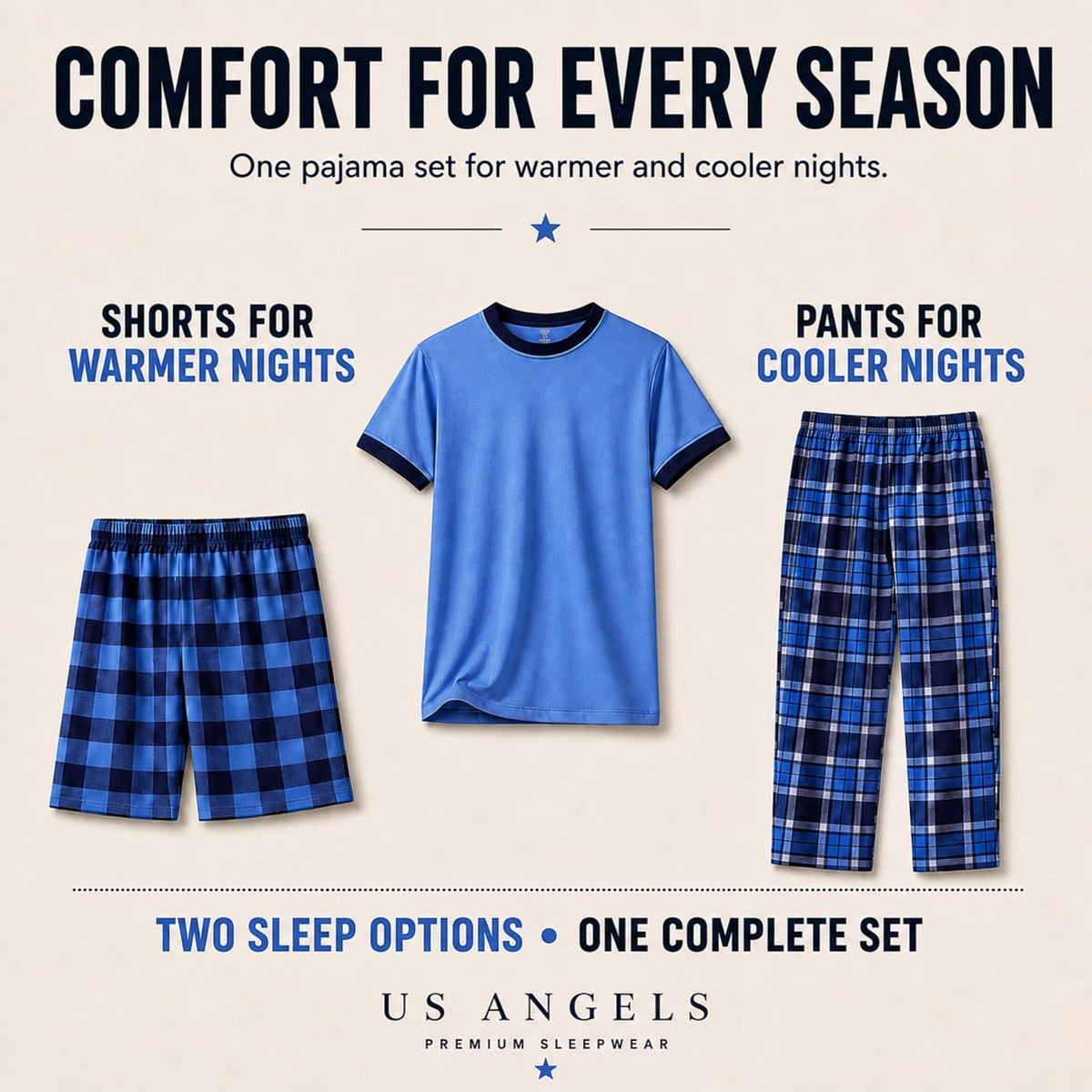 US Angels Boys Pajamas Set | 3-Piece Pant, Shirt, Shorts Sleepwear Pjs for Kids | Loose Fit, Soft, Breathable Blue Plaid