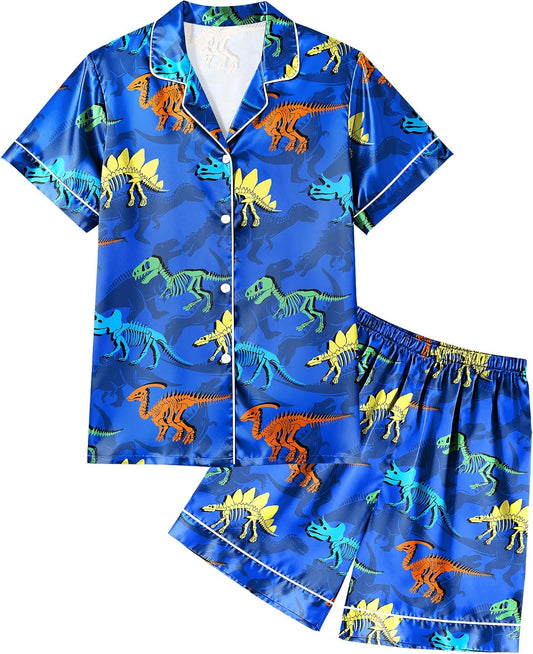 PASHOP Boys Pajamas Toddler Little Boys Silky Satin Pajamas Button Down Short Sleeve & Shorts Pjs Set Kids Sleepwear 3-10Y