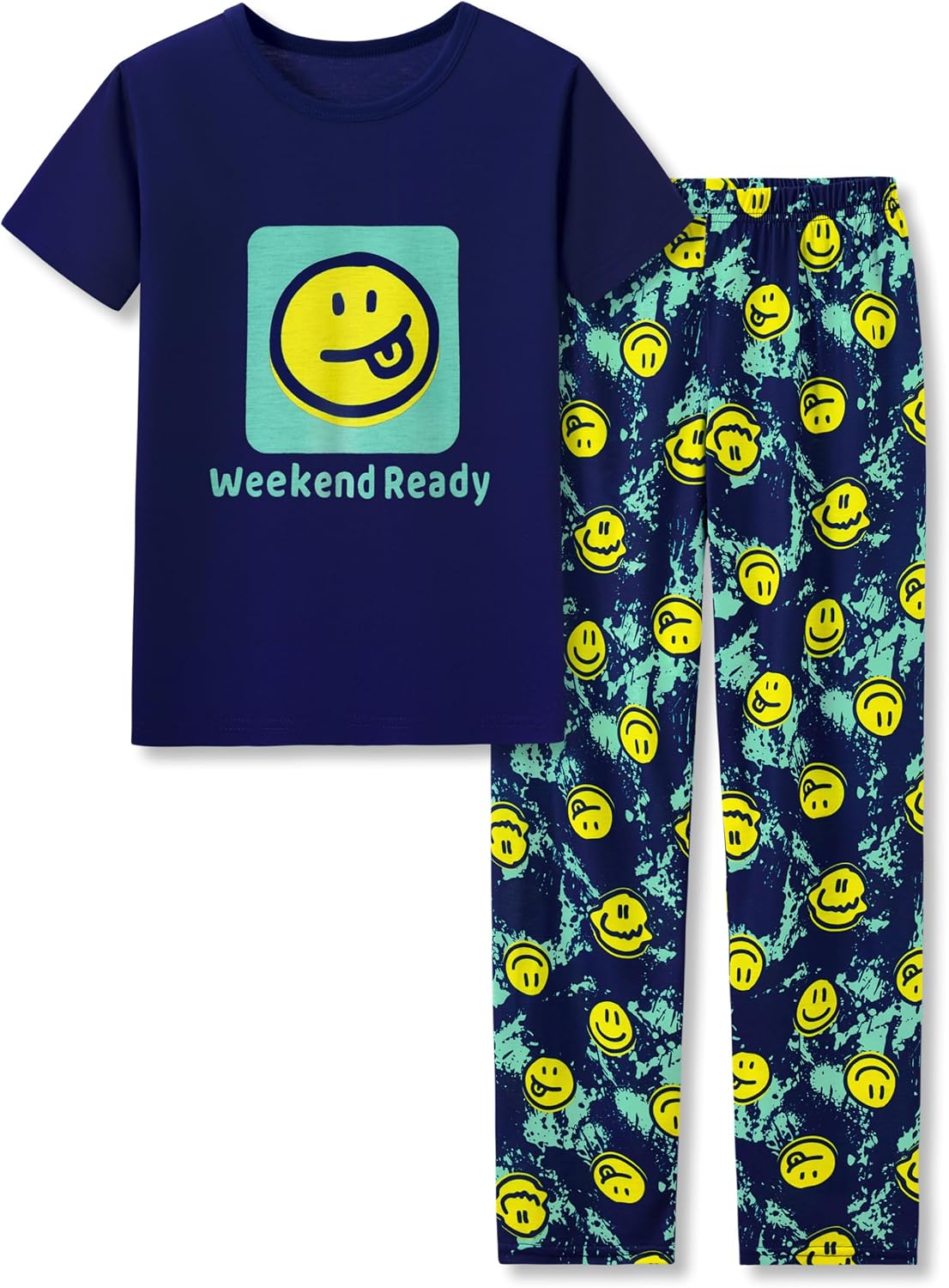 Tebbis Boys Comfy Fun Print Short Sleeve & Pants Pajama Set Sizes 6-18