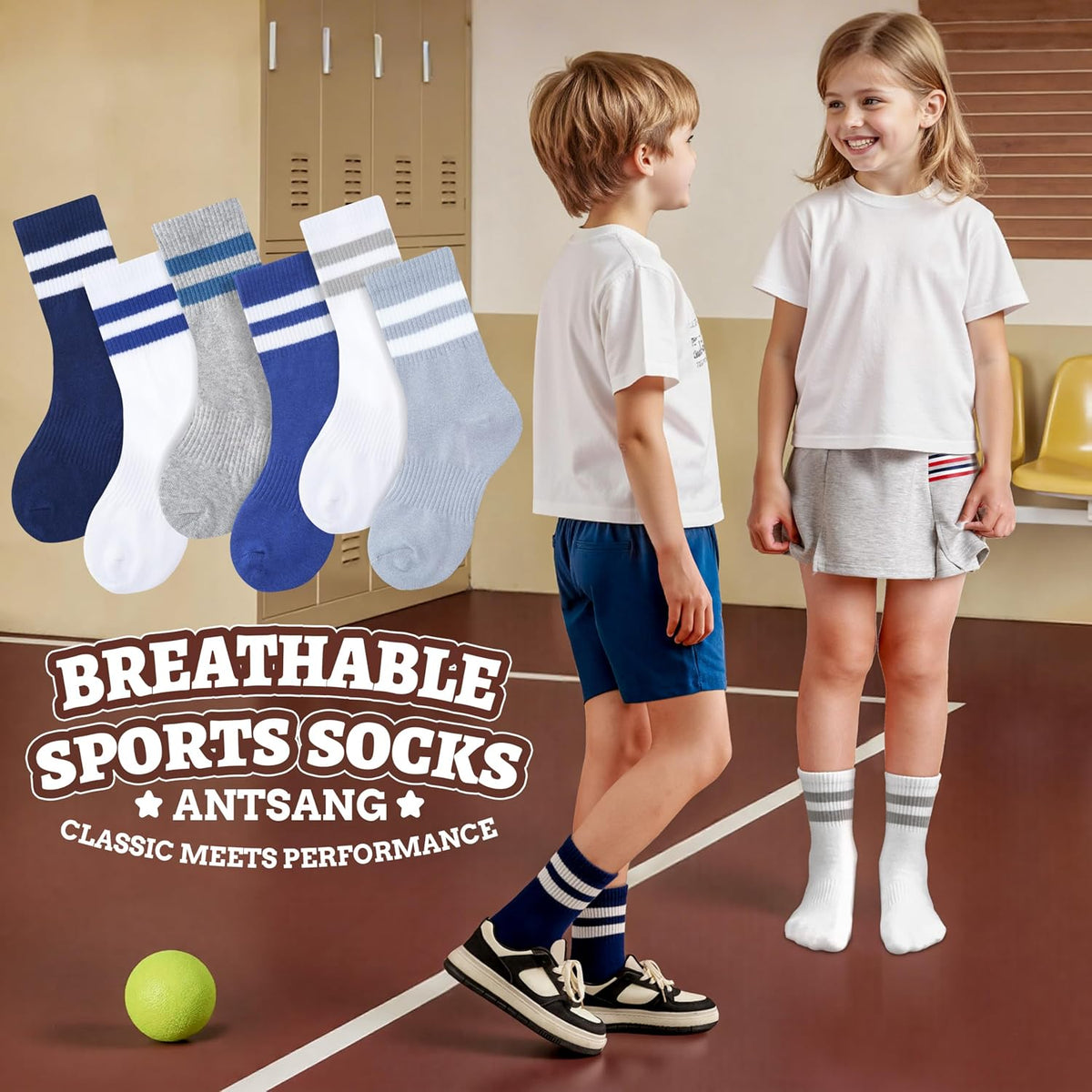 ANTSANG Kids School Athletic Sports Cotton Socks,Teen Girls Boys Crew Socks