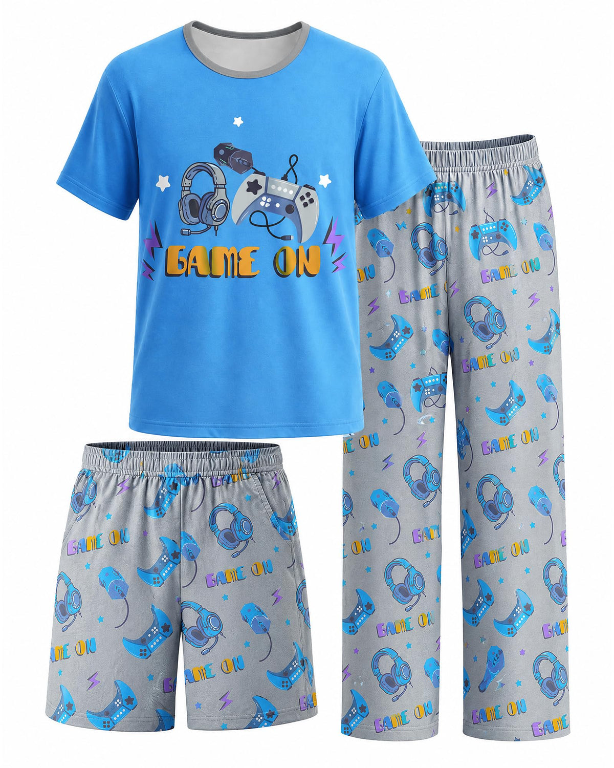 Fiodrimy Boys Pajamas 3-Piece Pjs Set Top with Shorts and Pants Sleepwear for Kids Soft Jammies Loungewear Size 8-14