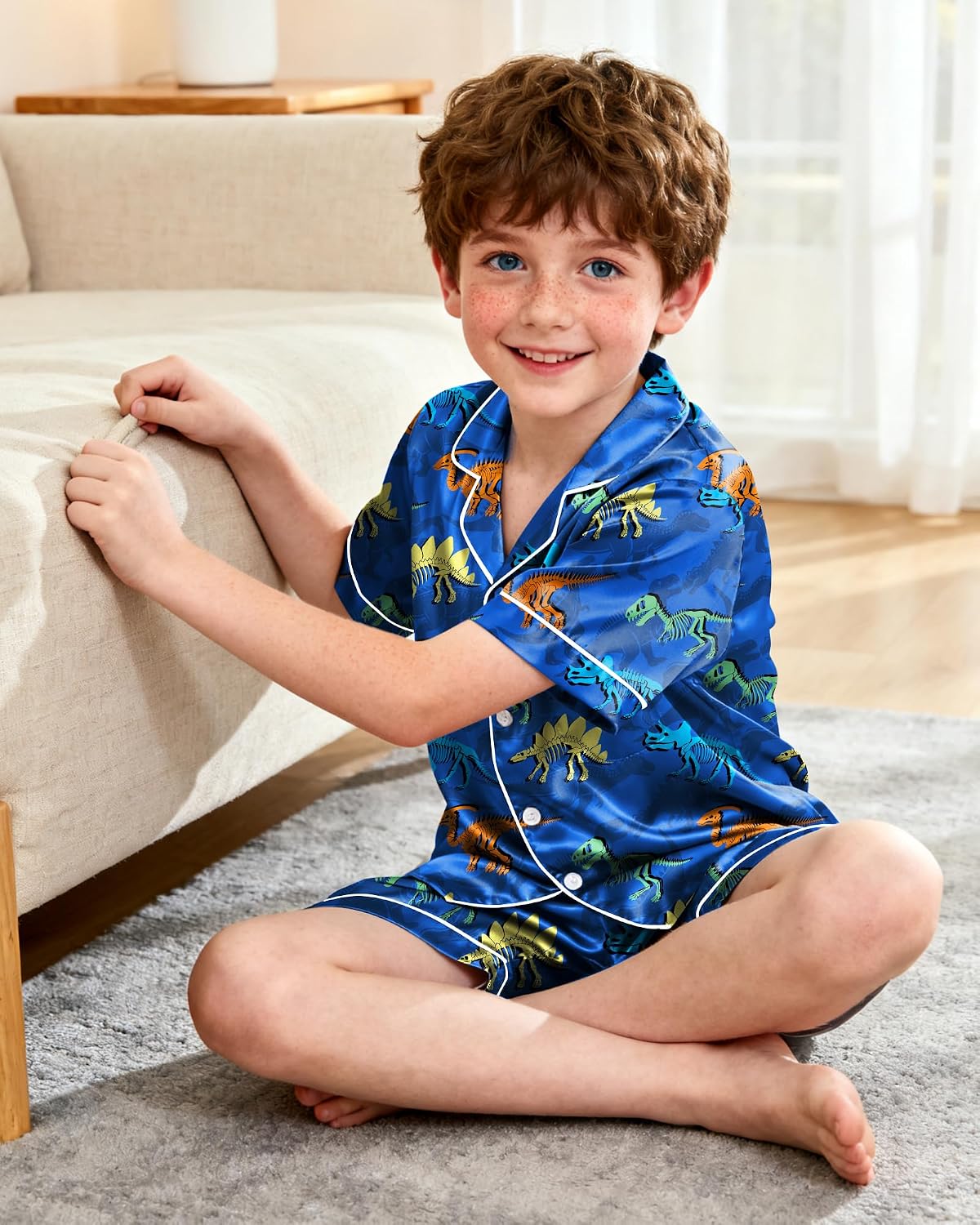 PASHOP Boys Pajamas Toddler Little Boys Silky Satin Pajamas Button Down Short Sleeve & Shorts Pjs Set Kids Sleepwear 3-10Y
